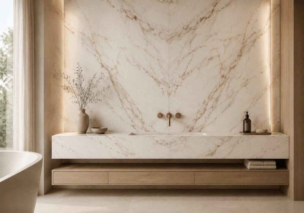 A bathroom vanity wall in Vena Calacatta Oro