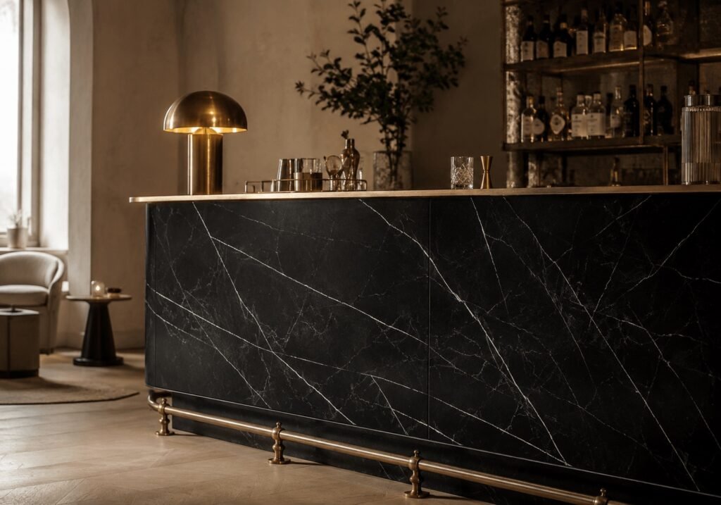A hotel bar front clad in Vena Nero