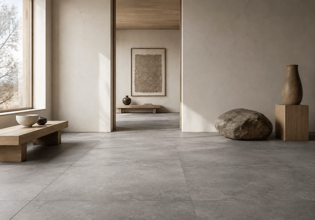 A large-format grey floor in Terra Cenere
