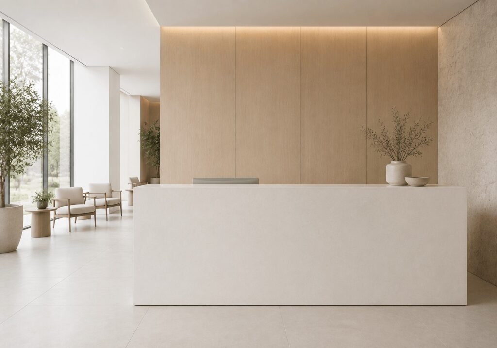 A clinic reception desk in Monolith Bianco