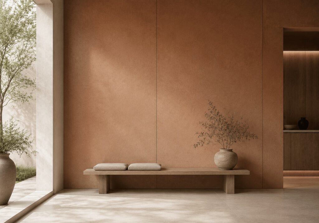 A terracotta feature wall in Monolith Argilla