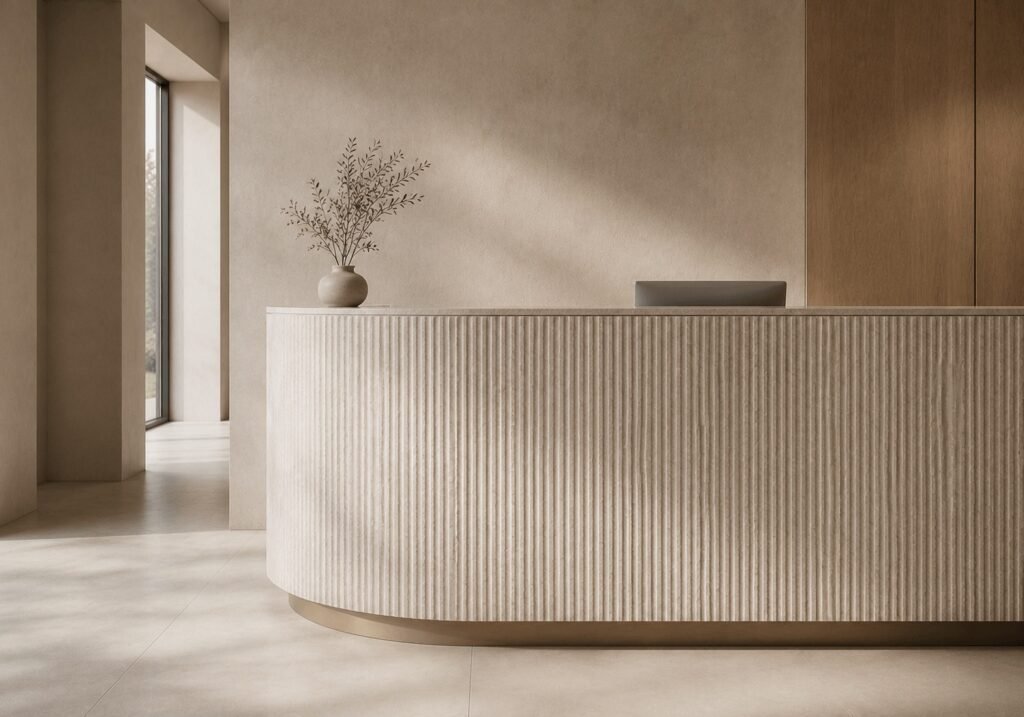 A ribbed reception desk front in Linea Costa