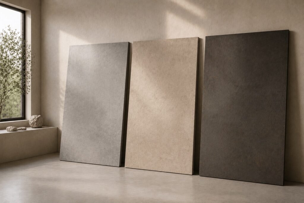 Terra collection matt mineral slabs against a plaster wall