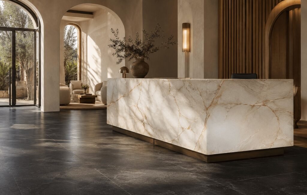 Hotel Marés lobby with a gold-veined stone reception desk