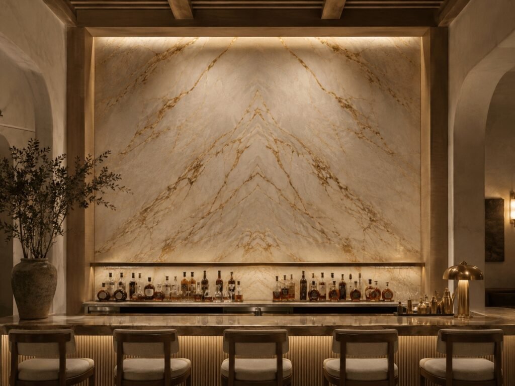 Book-matched stone wall behind the Hotel Marés bar