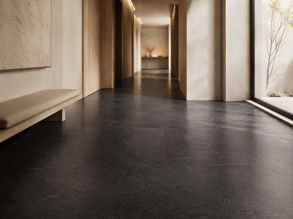 Near-black stone flooring in a hotel corridor