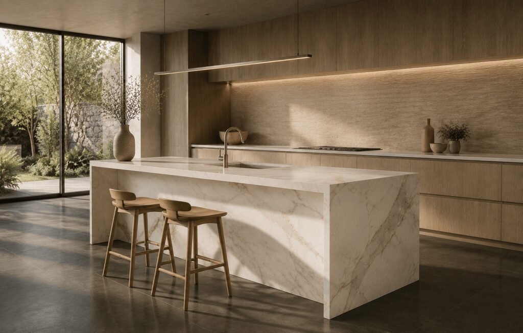 Kestrel House kitchen island in white veined stone