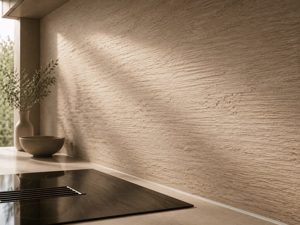 Oak-grain textured stone splashback behind a hob