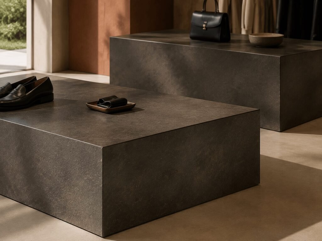 Iron-textured stone display plinths