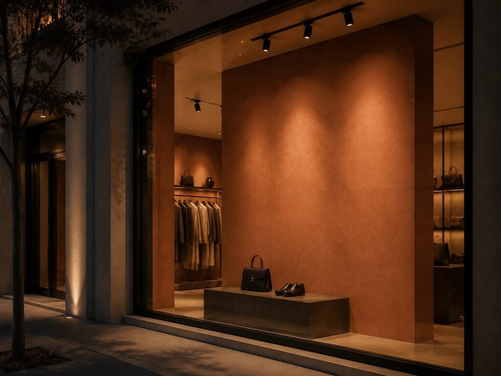 Terracotta stone wall behind a shopfront window at dusk