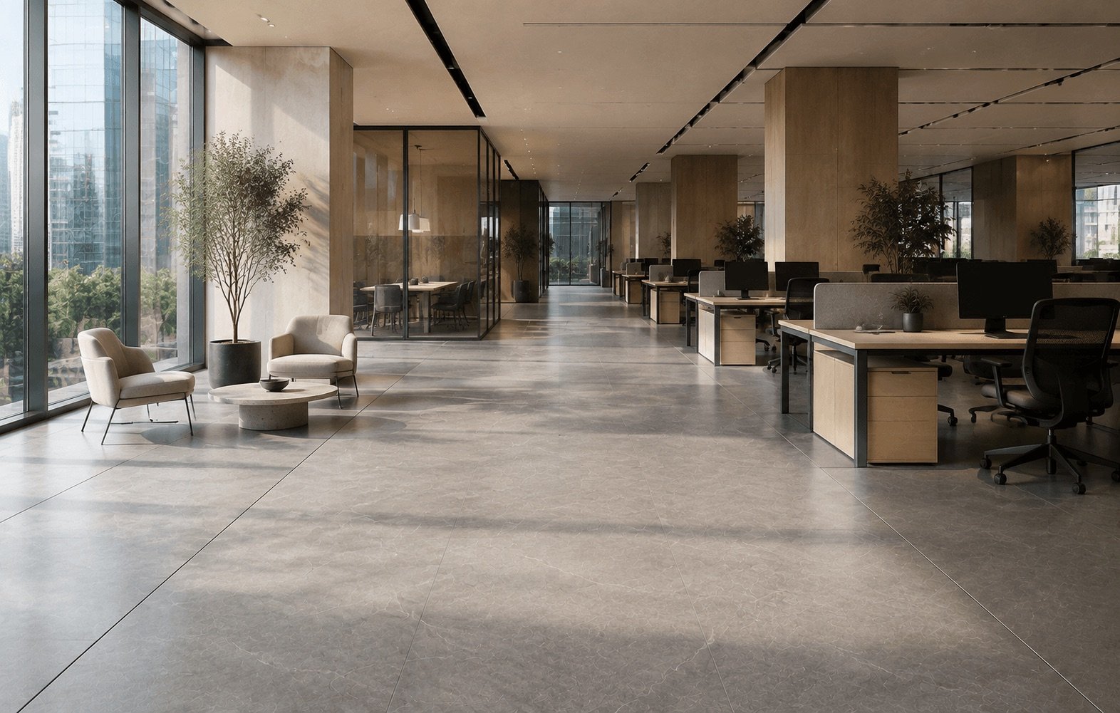 Large-format stone slabs stacked on edge in a warehouse