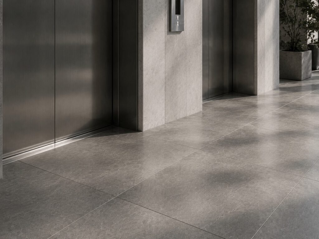 Grey stone floor at a lift lobby
