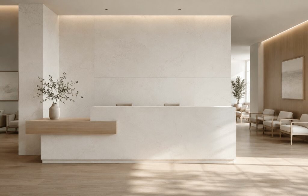 Vance Clinic reception desk in flat white stone