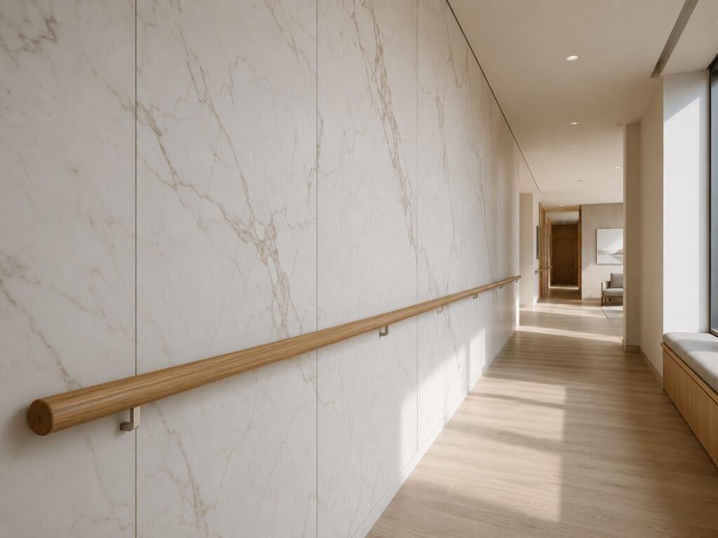 White veined stone corridor wall with a timber handrail