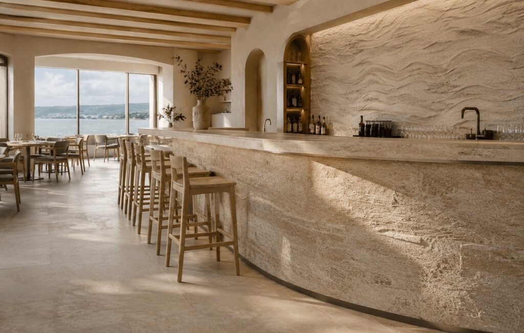Quai Nord restaurant with a sand-coloured stone bar