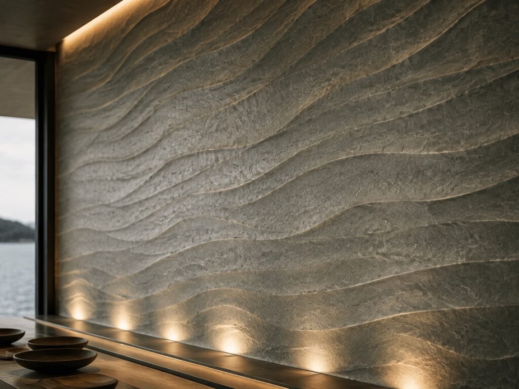 Wave-textured stone wall lit from below