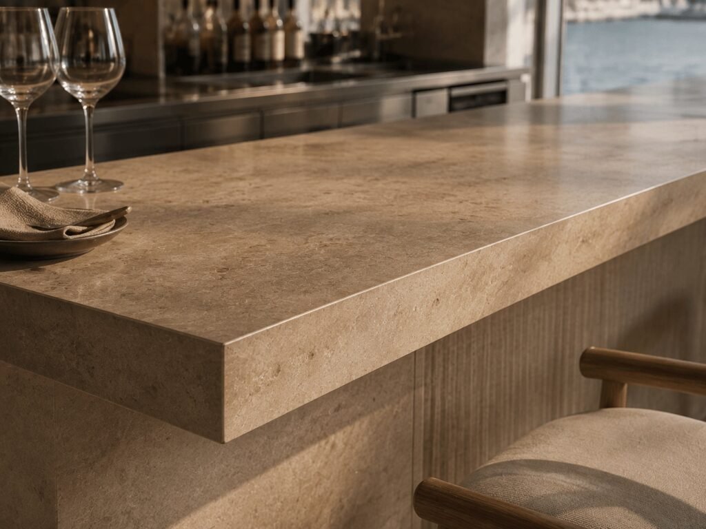 Sand-coloured stone bar top with a mitred edge