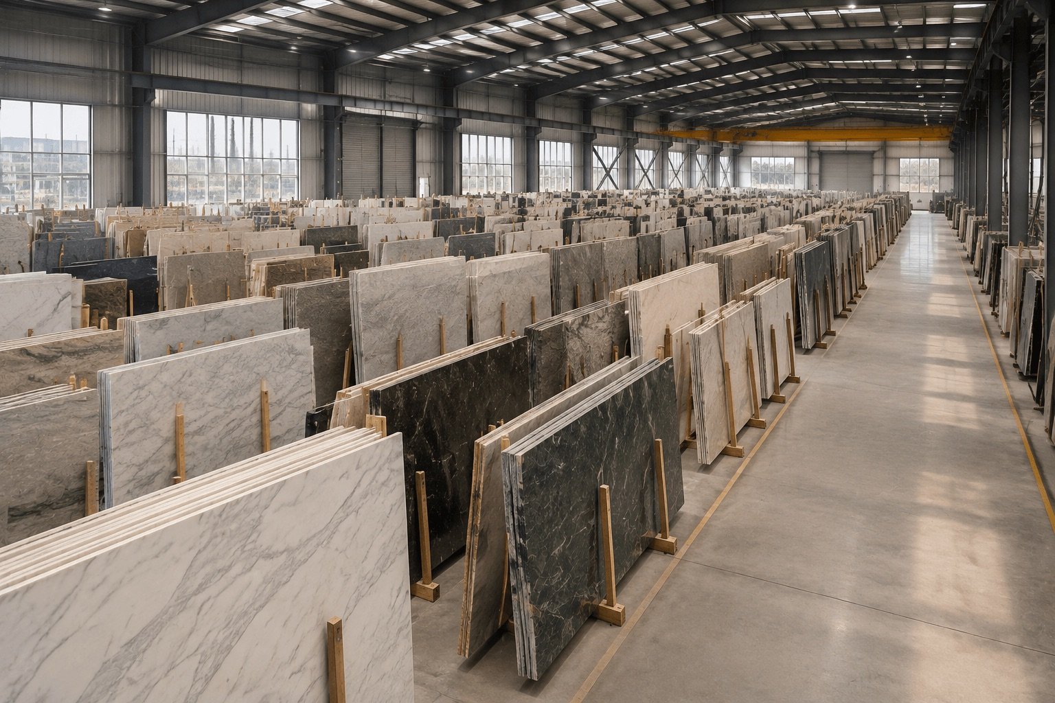 Finished slabs on A-frame racks in the warehouse