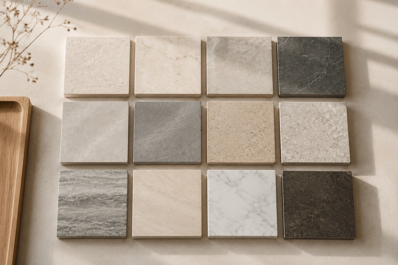 Large-format stone slabs stacked on edge in a warehouse