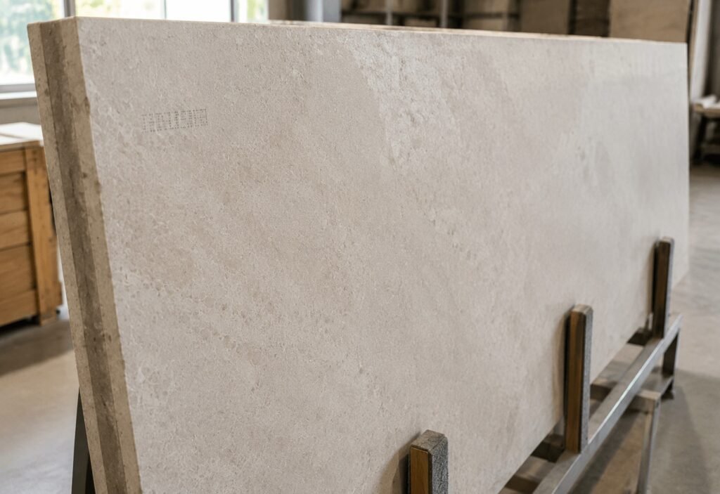 Batch number stamped on the back face of a slab