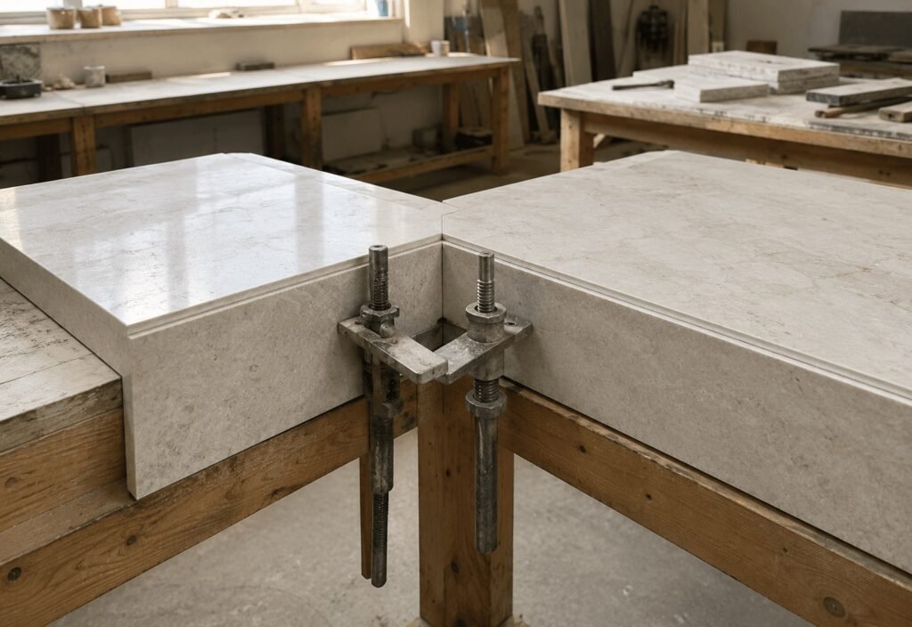 A mitred edge clamped on a fabrication bench