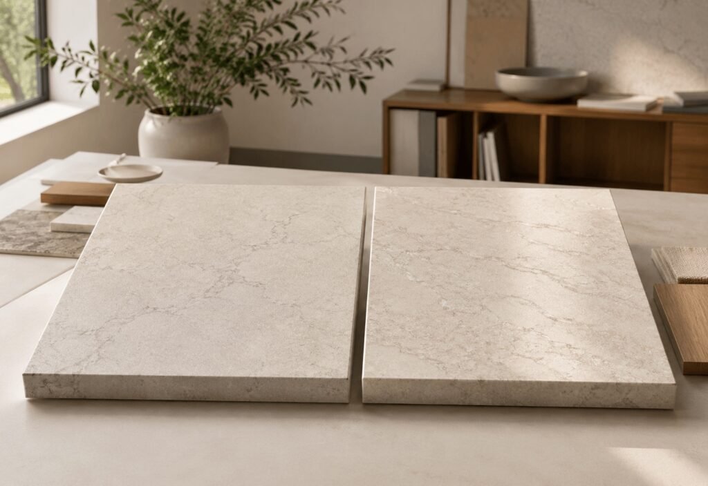 Two stone worktop samples compared side by side