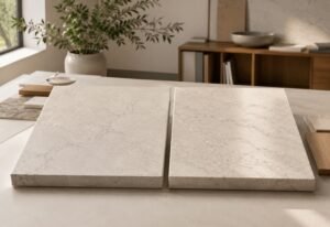 Two stone worktop samples compared side by side