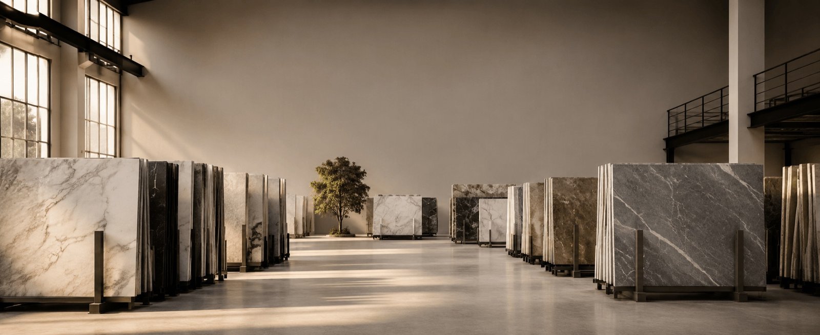 Large-format stone slabs stacked on edge in a warehouse